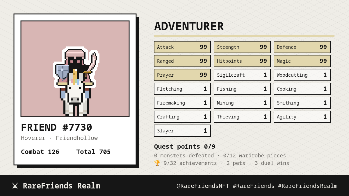 An adventurer card for Friend #7730 riding a unicorn in a rarite helm with a shield and sabre, with levels, quest points and achievements