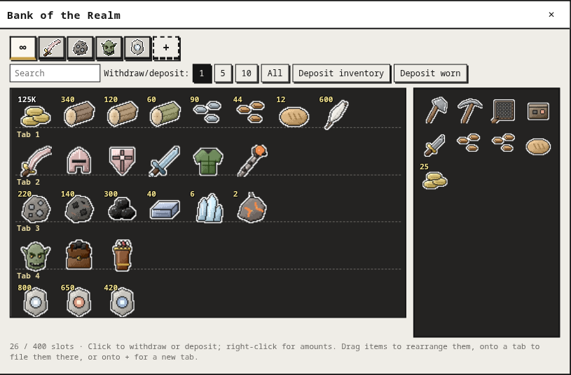 The bank with tabs: gear, ores and bars, rare finds and sigils each in their own tab