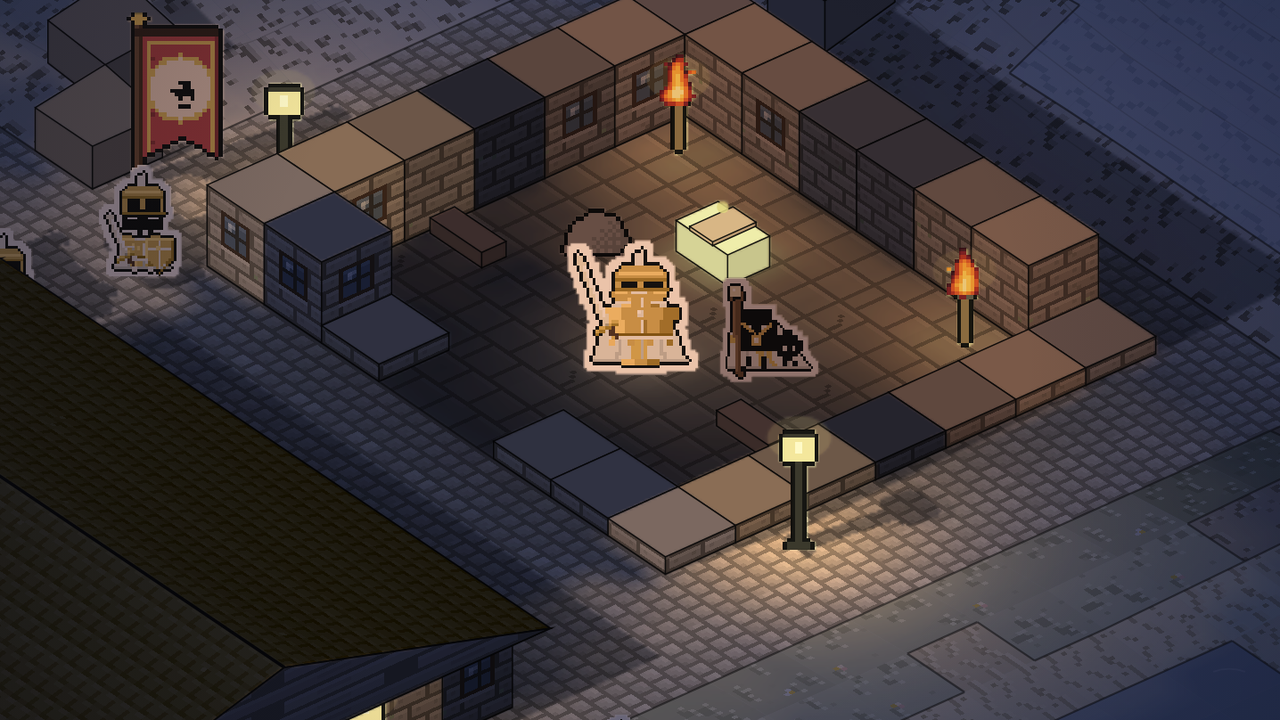 Inside the Dawnhold chapel at night, lit by torches