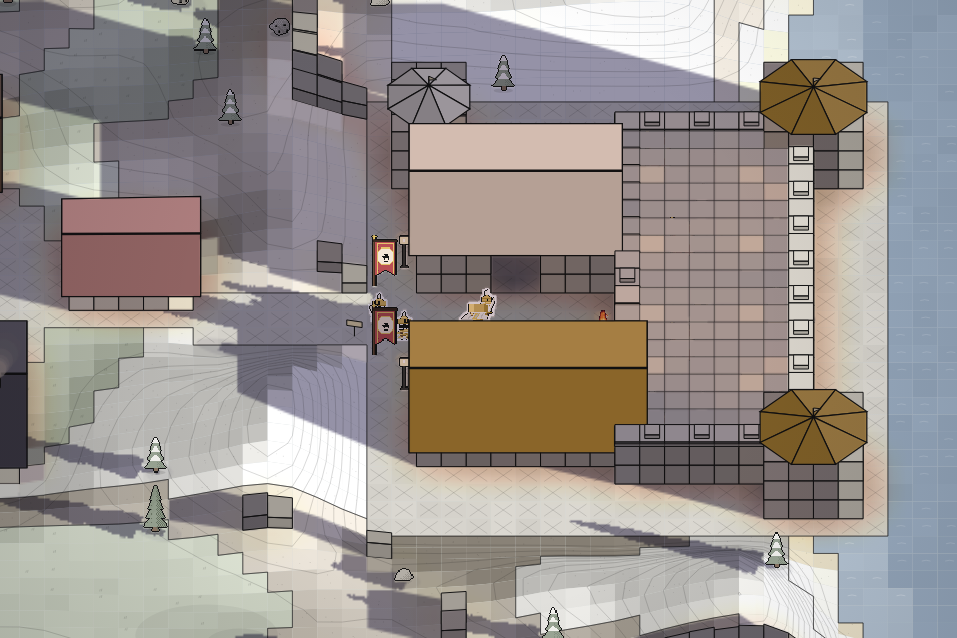 Dawnhold from above: the white chapel with its bell tower, the gold-roofed hall, and the new stone keep with round corner towers joining them above the sea