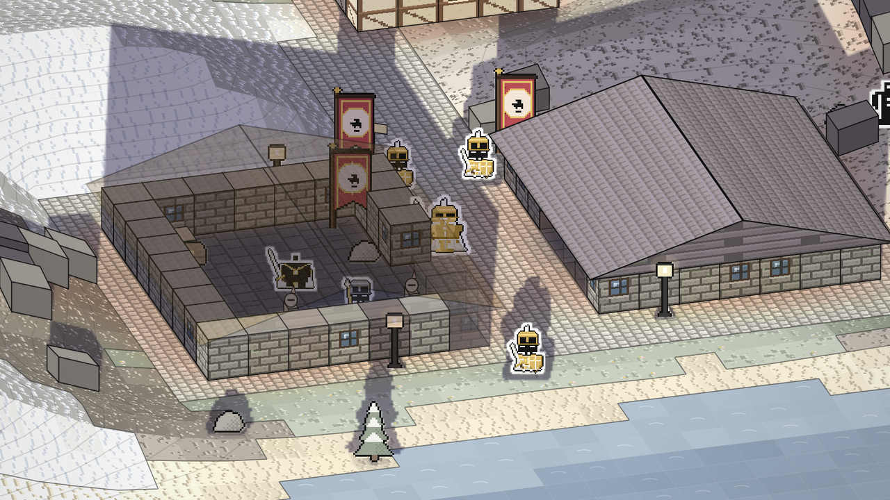 Dawnhold's courtyard, chapel and hall, with knights of the Dawn