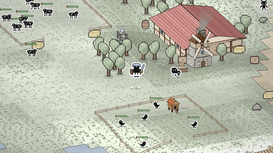 Hollow Farms: a stone windmill with lattice sails, the miller's farmhouse, a chicken coop and the cow pen