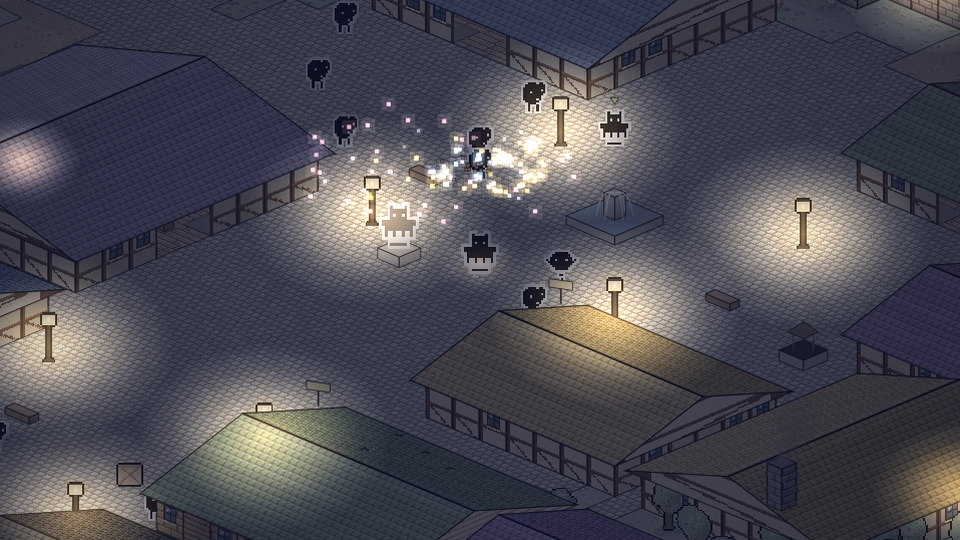 Level-up fireworks bursting over Friendhollow square at night