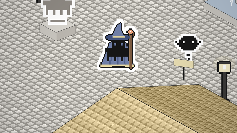 A Friend in a wizard's hat holding an ember staff upright