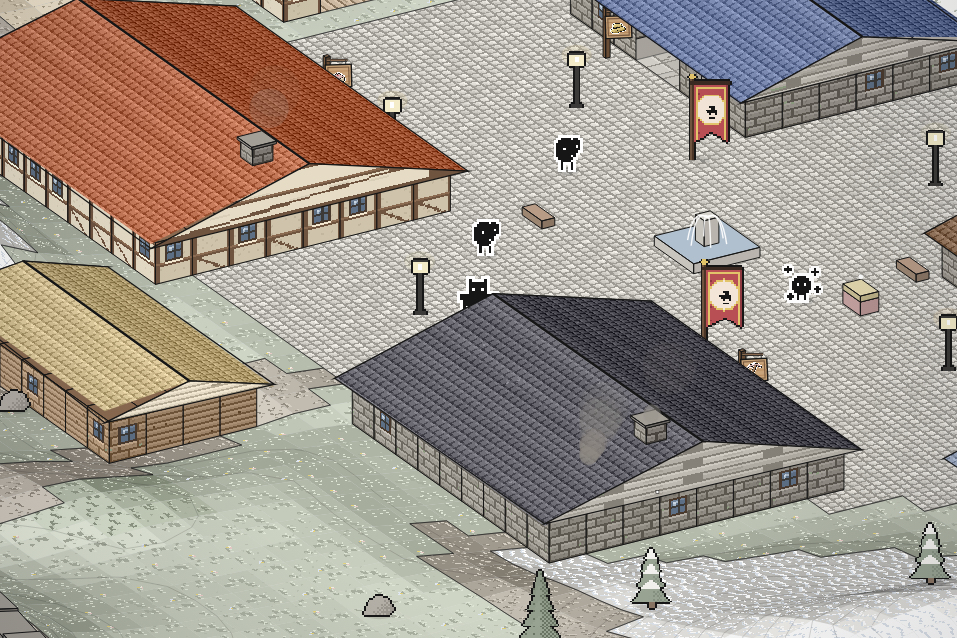 Highcairn, a stone mountain town with a fountain square, banners and snowy pines