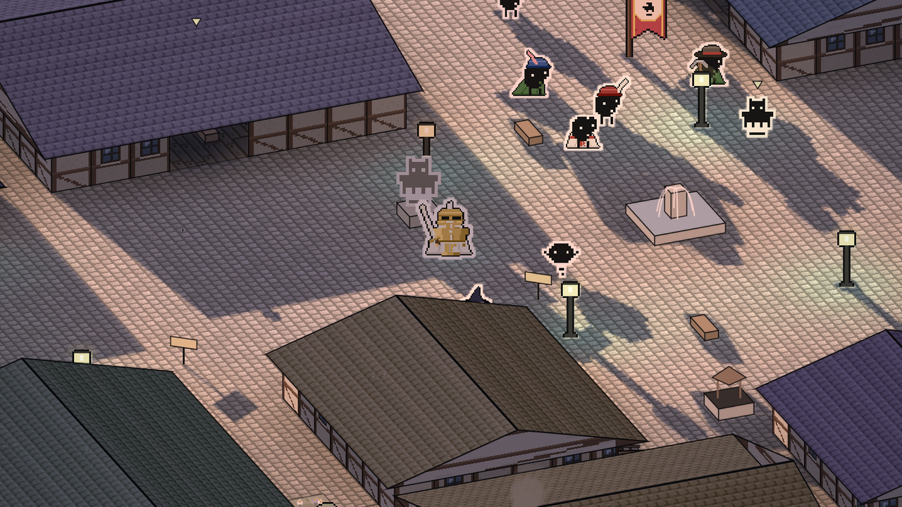 Dusk over Friendhollow: long shadows across the square, a knight in gold Dawnplate and villagers in hats and capes