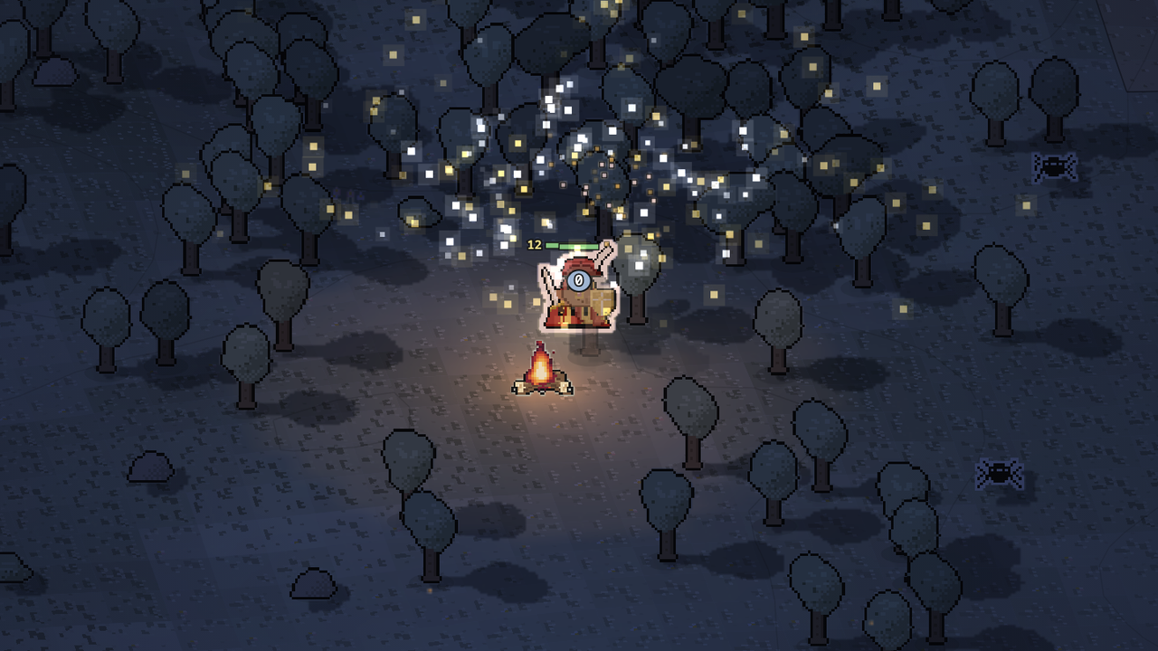 Whisperwood at night: a campfire lighting the trees, fireflies overhead