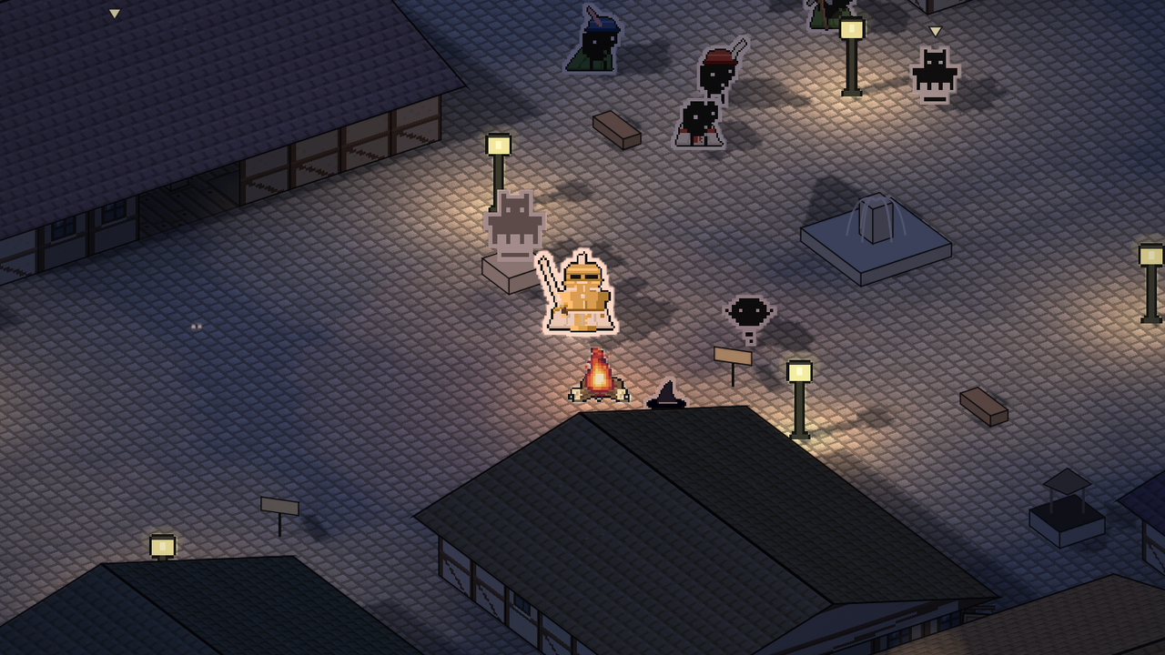 Friendhollow at night: lamp pools and a campfire lighting the cobbles, a knight in gold