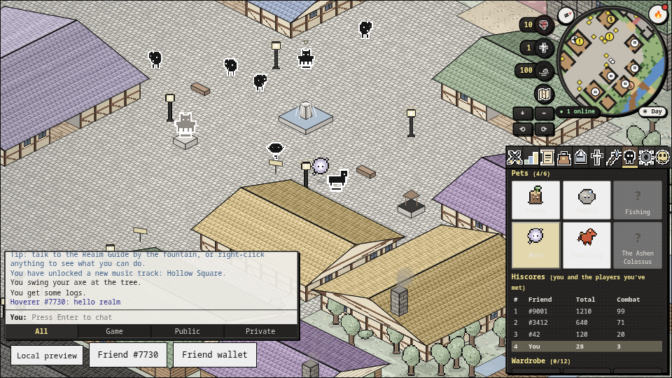 The Friends tab with pets and a hiscores table, and Mote the pet floating beside a Friend