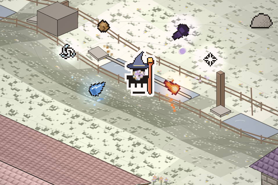 A wizard casting six spells at once: a little flame, a water drop, a whirlwind, a boulder, a curse and a star