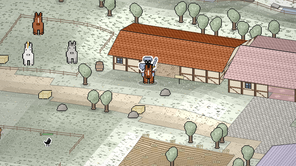 The Friendhollow stables beside the Rare Market, with a rider on a chestnut horse and the paddock's horses and unicorn