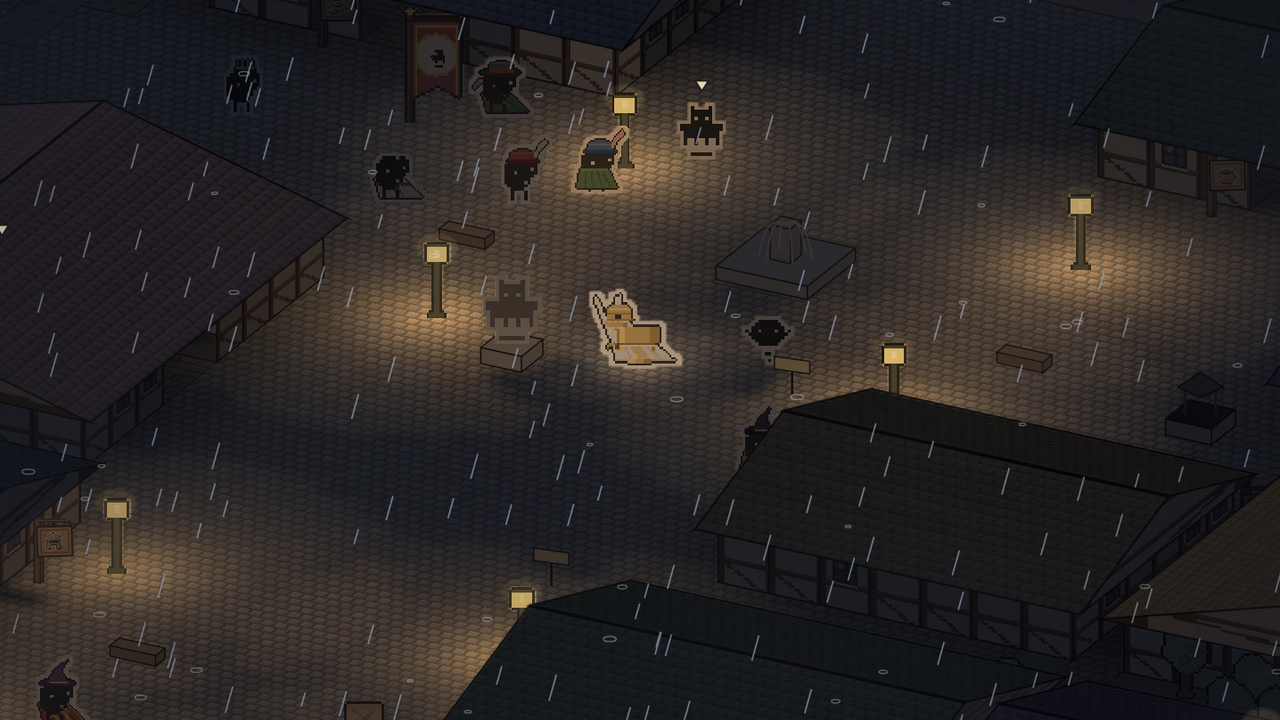 Rain over Friendhollow at night, lamps glowing through it