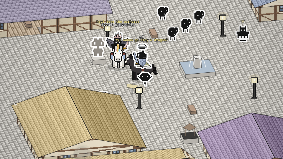 Two players on a unicorn and a black warhorse chatting by the Friendhollow fountain