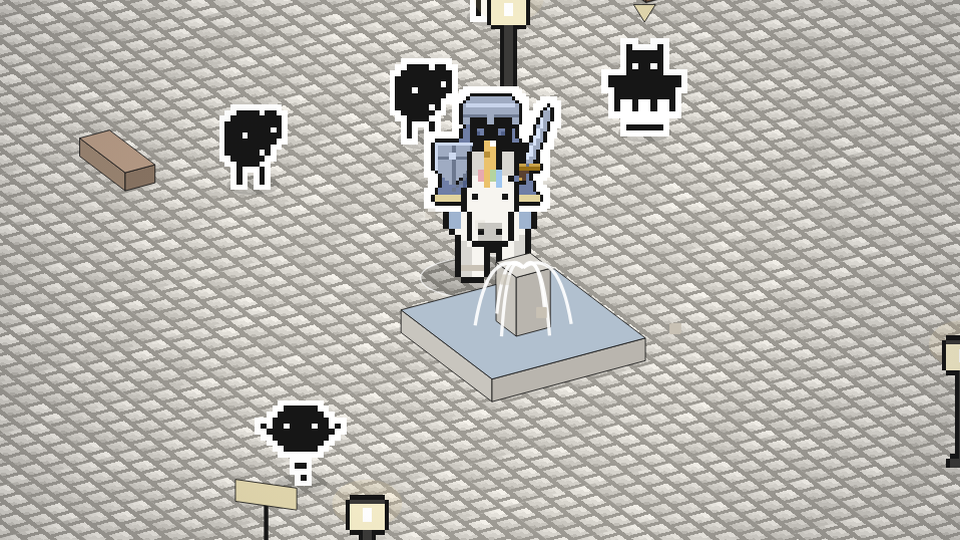 A Friend in a moonsilver helm with a sword and shield riding a unicorn through Friendhollow