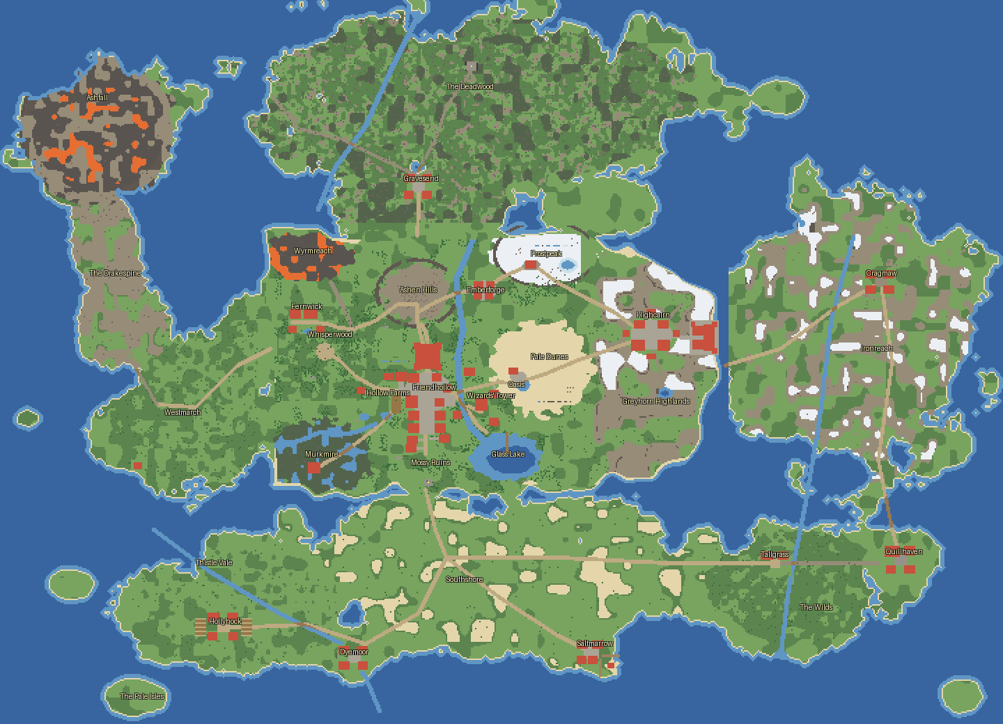 The world map of the whole continent: the Deadwood north, the Drakespine and Ashfall west, Southshore south, Ironreach east, the mainland in the middle