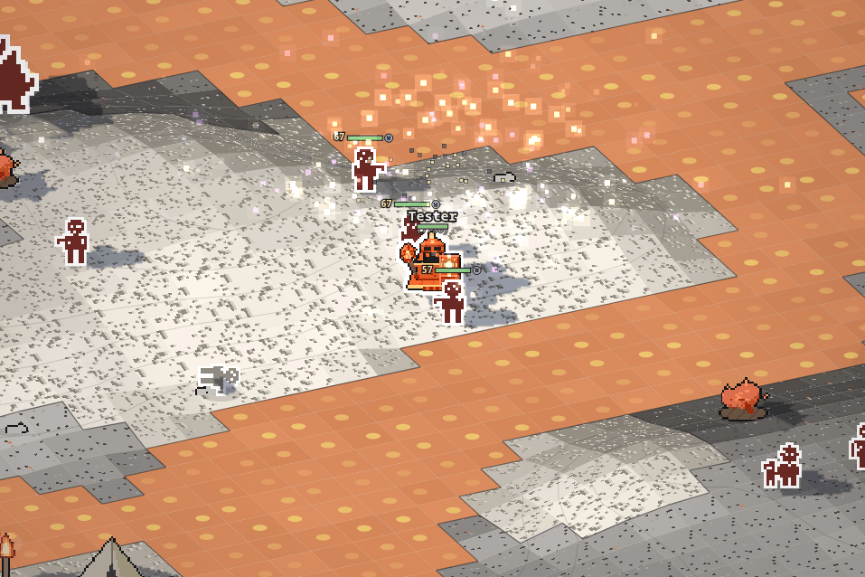 The Burned in faded red walking the ash round the Ember Fortress, every build of villager