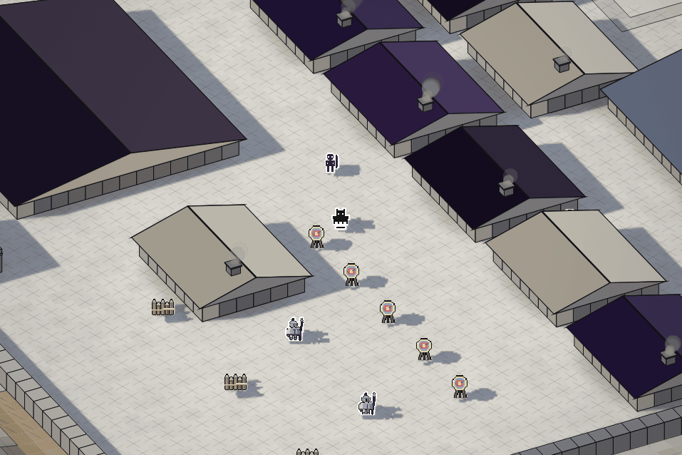 Inside the capital: violet and ivory roofs in rows, the training yard, Regiment soldiers