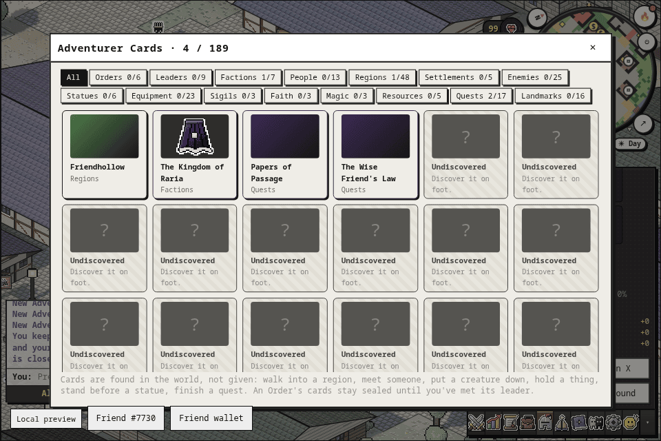 The Adventurer Cards collection, sorted by kind