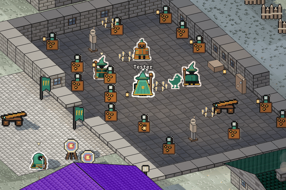 The Federation's Great Hall: copper devices running everywhere, Fellow Free in a wizard's hat, a knight asleep, a cannon, banners with FFF