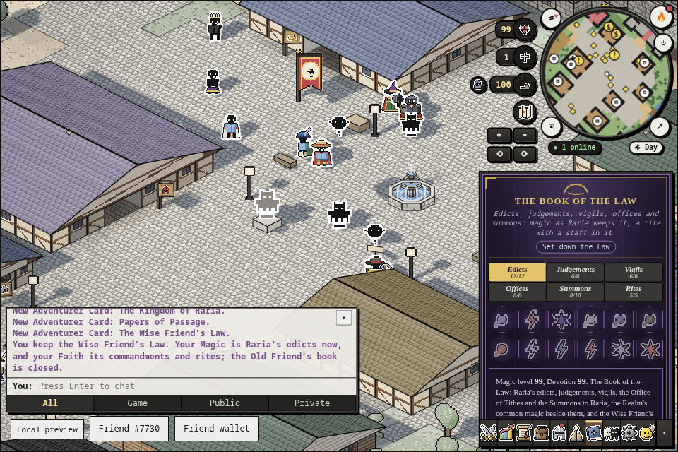 The Magic tab under the Wise Friend's Law: dark violet and gold, Edicts, Judgements, Vigils, Offices, Summons and Rites