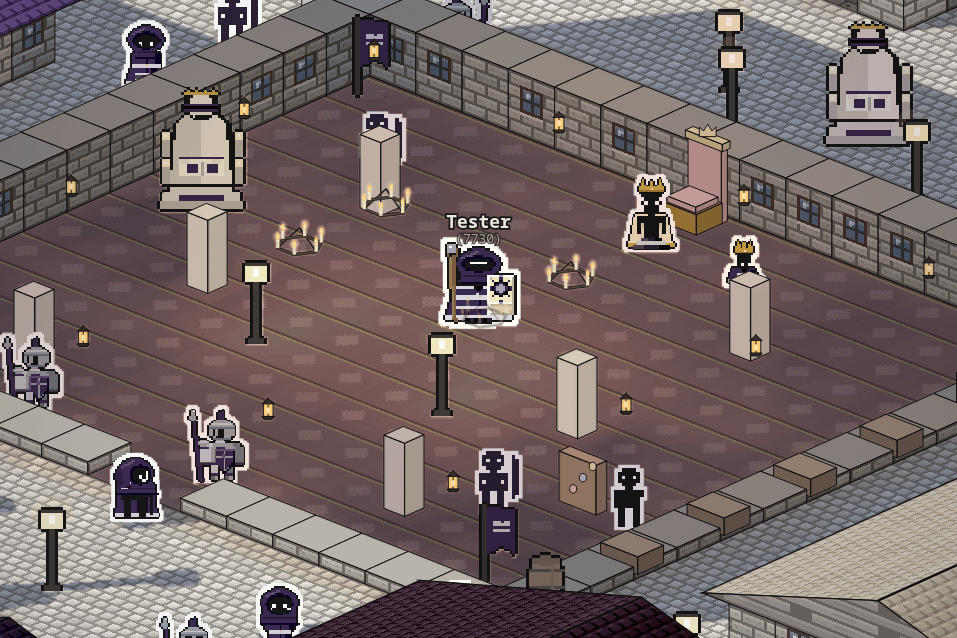 The throne room of Raria: Queen Rara, tall and crowned, and the small King Pell by the throne, Royal Rangers at the pillars and statues of the Wise Friend