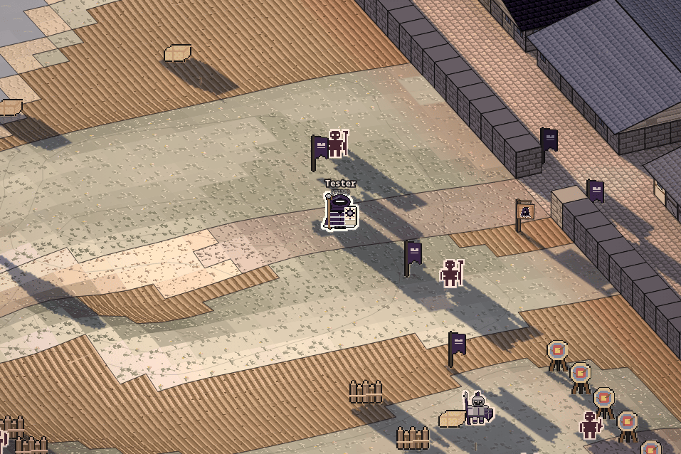 Outside Raria's walls: violet Regiment banners, halberdiers at the gate and the training ground