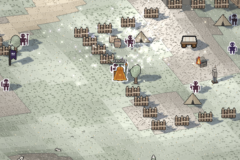 A Rare Realm Regiment camp: stake walls, violet tents, a supply wagon and soldiers